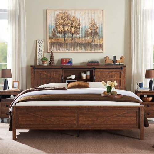 T4TREAM Farmhouse Queen Size Bed Frame w/Storage Bookcase Headboard, Sliding - Image 3