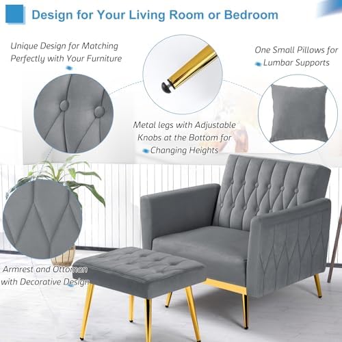 Velvet Accent Chair w/Ottoman & Adjustable Backrest - Image 4