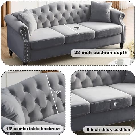 2 Piece Modern Grey Velvet 79" 3-Seater Sofa Sets, Chesterfield Button Tufted - Image 4