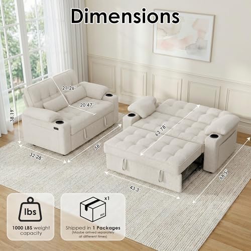 58'' Convertible Sofa Bed with USB Charger and Cup Holders, Teddy Fabric - Image 2