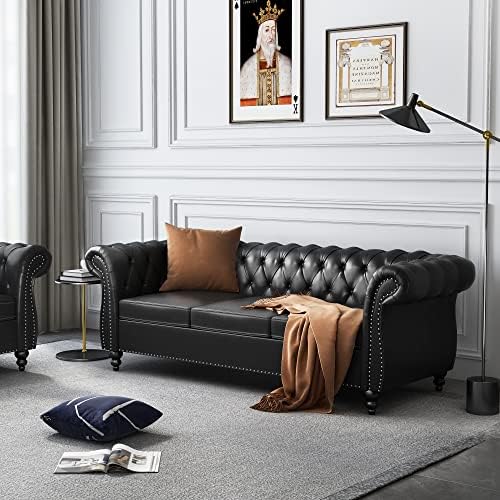 Chesterfield Sofa Leather, Modern PU Tufted Couch 3 Seater - Image 3
