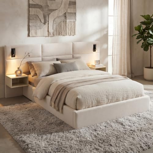 Queen Size Bed Frame with LED Lights and Floating Shelves, Modern Chenille - Image 4