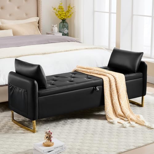 Storage Bench for Bedroom, 65 Inch End of Bed Storage Bench Black by HOMYKA