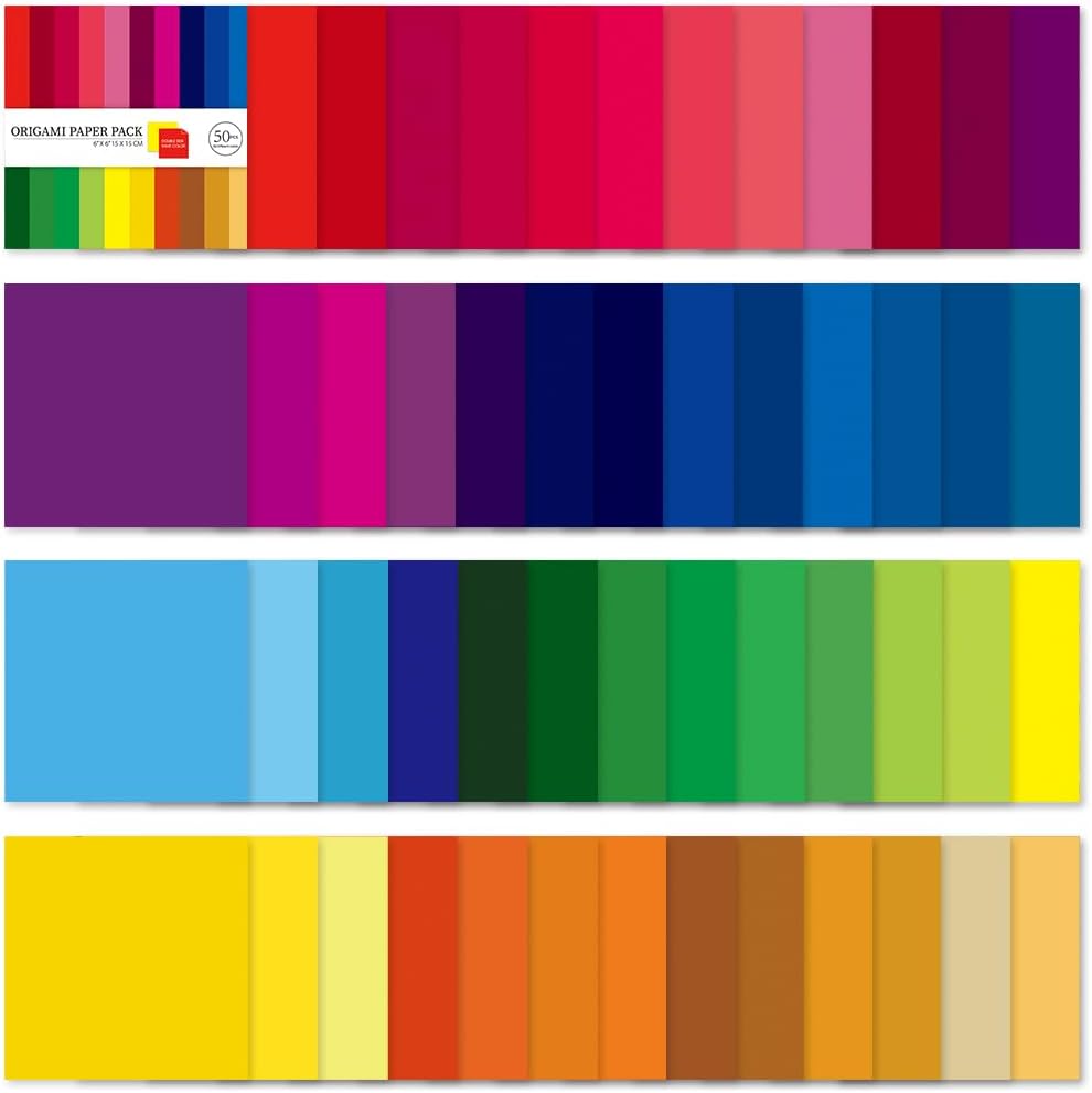 Square Origami Paper 6x6 Double Sided 50 Sheets 50 Colors 70GSM Origami Kit Japanese Chiyo Easy Fold Arts Crafts DIY Handwork Beginner Solid Color