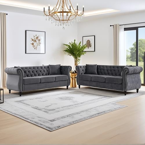 2 Piece Modern Grey Velvet 80" 3-Seater Sofa Sets, Upholstered Tufted Backrests by amervanito