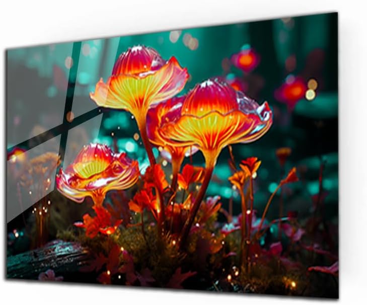 SpiritualHands Fantastic Mushrooms Glass Wall Art Oil Painting for Living Room, Tempered Glass Modern Prints Decor, Large Vivid Color Panel for Bedroom, Kitchen, or Office