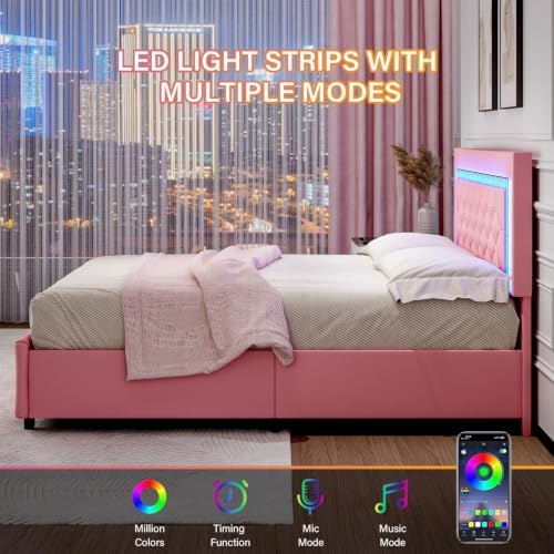 Pink King Size Bed Frame with LED Lights and Diamond Tufted Headboard - Image 5