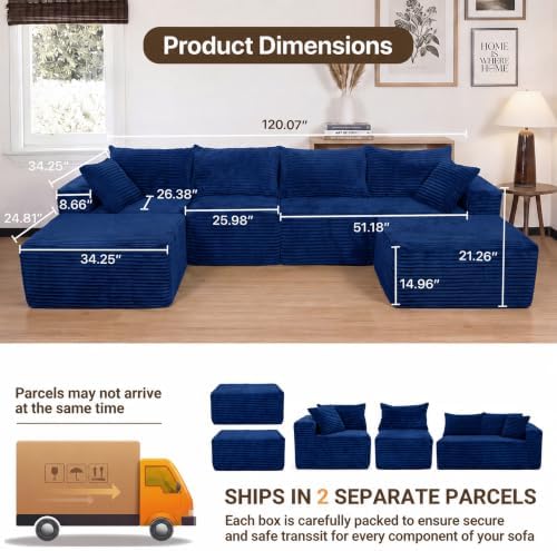 Claiks 120" Boneless Couch, U-Shape Corduroy Sectional Sofa - Image 2
