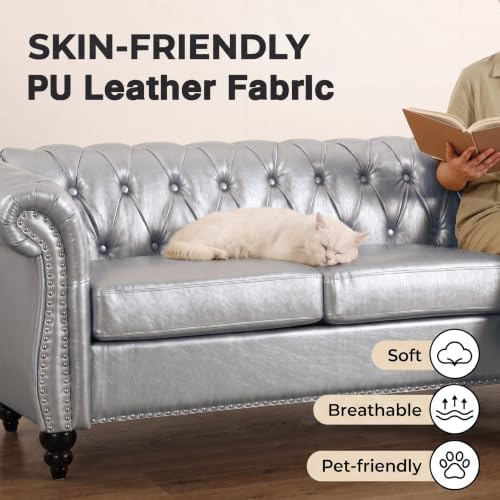 3 Seat Chesterfield Sofa, Faux Leather Couch - Image 5