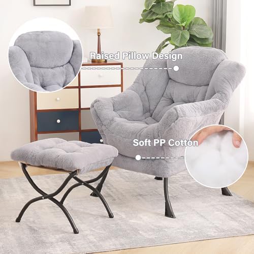 Tiita Lazy Chair with Ottoman, Comfy Reading Accent Chair, Plush Light Grey - Image 4
