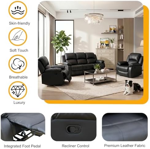 3 Piece Manual Reclining Leather Sofa Set, Reclining Couch Sofa Set Includes - Image 3