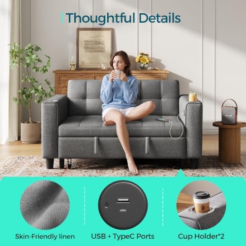 LINSY 54" Pull Out Couch with Charging Station, Linen Sleeper Sofa Bed with Cup - Image 6