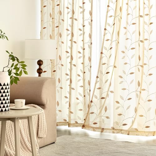 MIULEE Beige Sheer Curtains 2 Panels Embroidered Leaf Patterned, W52 x L96 - Image 3