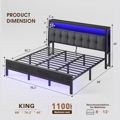 Homkdom King Bed Frame Upholstered Headboard, Charging Station - Image 2