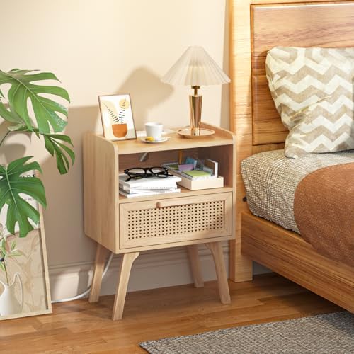 Lerliuo Rattan Nightstand with Charging Station, Boho Night Stand - Image 2
