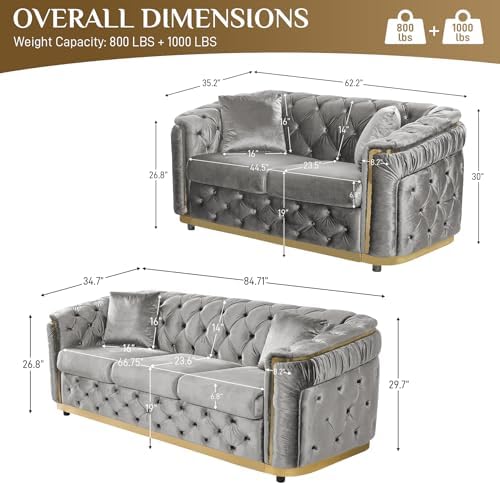 62.5"+84.6" Velvet Sofa Set, Chesterfield Tufted - Image 2
