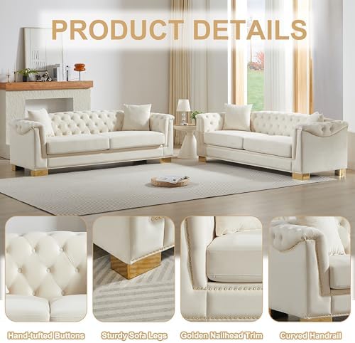 2 Pieces Chesterfield 3-Seater Velvet Combination Sofa Sets, 4 Cushion Classic - Image 3