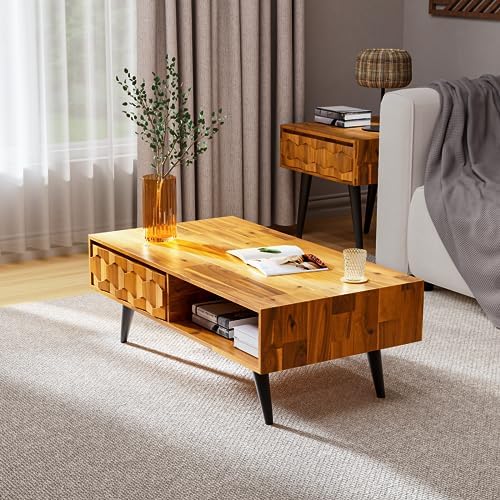 Bme Georgina Solid Wood Coffee Table, 2 Drawers & Open Shelves, Teak Brown - Image 5
