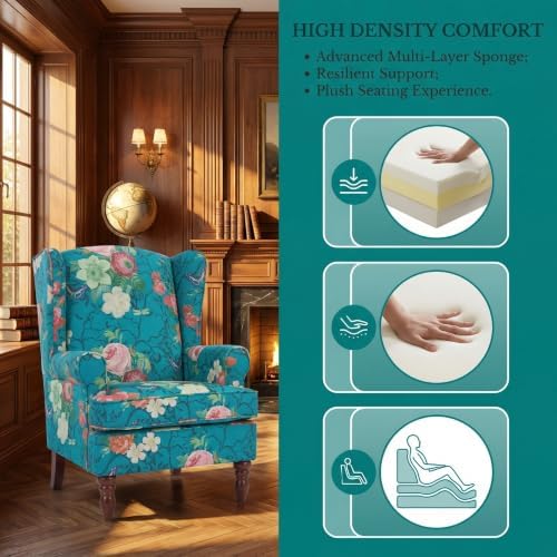 Mid Century Wingback Accent Chair Floral Cyan - Image 5