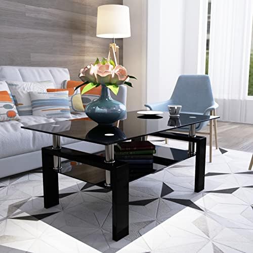 Rectangle Glass Coffee Table for Living Room, All Black by Unknown