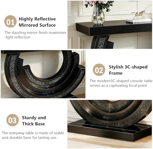 Black Mirrored Console Table, 42.9" Rectangle Sofa Table - Image 6