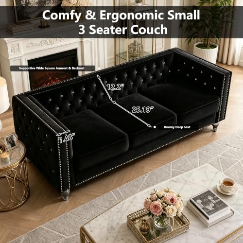 Aoowow Chesterfield 3 Seater Sofa Diamond Button Tufted, Modern Velvet Black 3 - Image 5