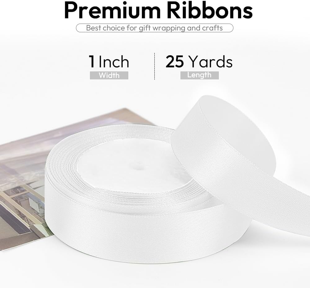 1 Inch 25 Yards Satin Ribbon White, Solid Color Fabric Ribbon for Gift Wrapping, Wedding, Polyester Gift Ribbon for Birthday Party Decoration, Craft, Hair, Floral, Sewing