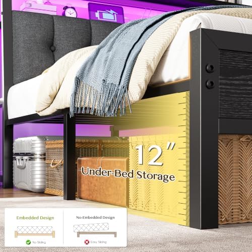 Homkdom Twin Bed Frame with Upholstered Headboard & Charging Station - Image 4