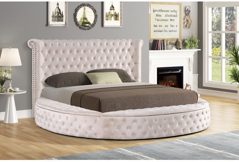 First of a Kind Velvet Tufted Upholstered Platform Storage Bed, Circle Bed Frame - Image 2