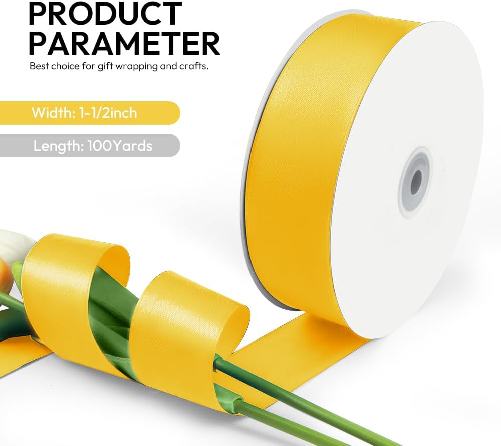 1-1/2 Inch 100 Yards Satin Ribbon Yellow, Solid Color Fabric Ribbon for Gift Wrapping, Wedding, Polyester Gift Ribbon for Birthday Party Decoration, Craft, Hair, Floral, Sewing