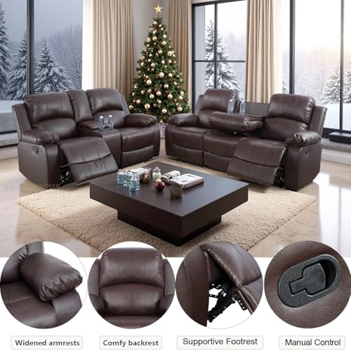 Manual Recliner Sofa Set for Living Room, Leather Reclining Sofa Sets, - Image 3