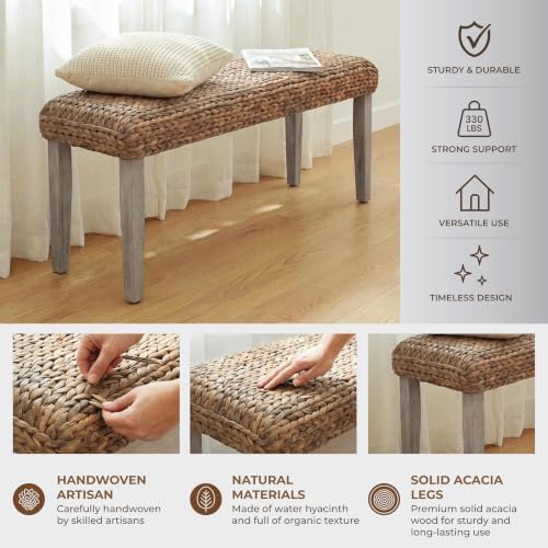 Solid Wood Acacia Indoor Bench, Natural Woven Water Hyacinth Seat - Image 3