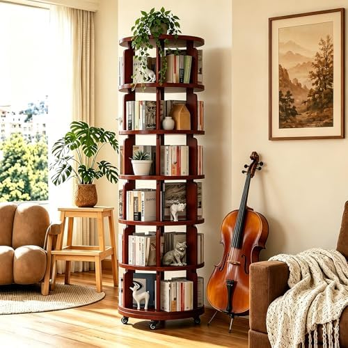 6 Tier 360° Rotating Solid Wood Bookshelf by Azlafu