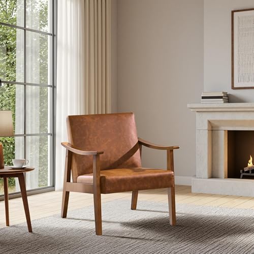 Yaheetech Accent Chairs, Mid-Century Faux Leather Armchairs, Light Brown - Image 2