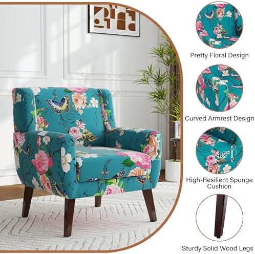 Accent Chair, Upholstered Armchair in Linen, Pattern Blue - Image 6