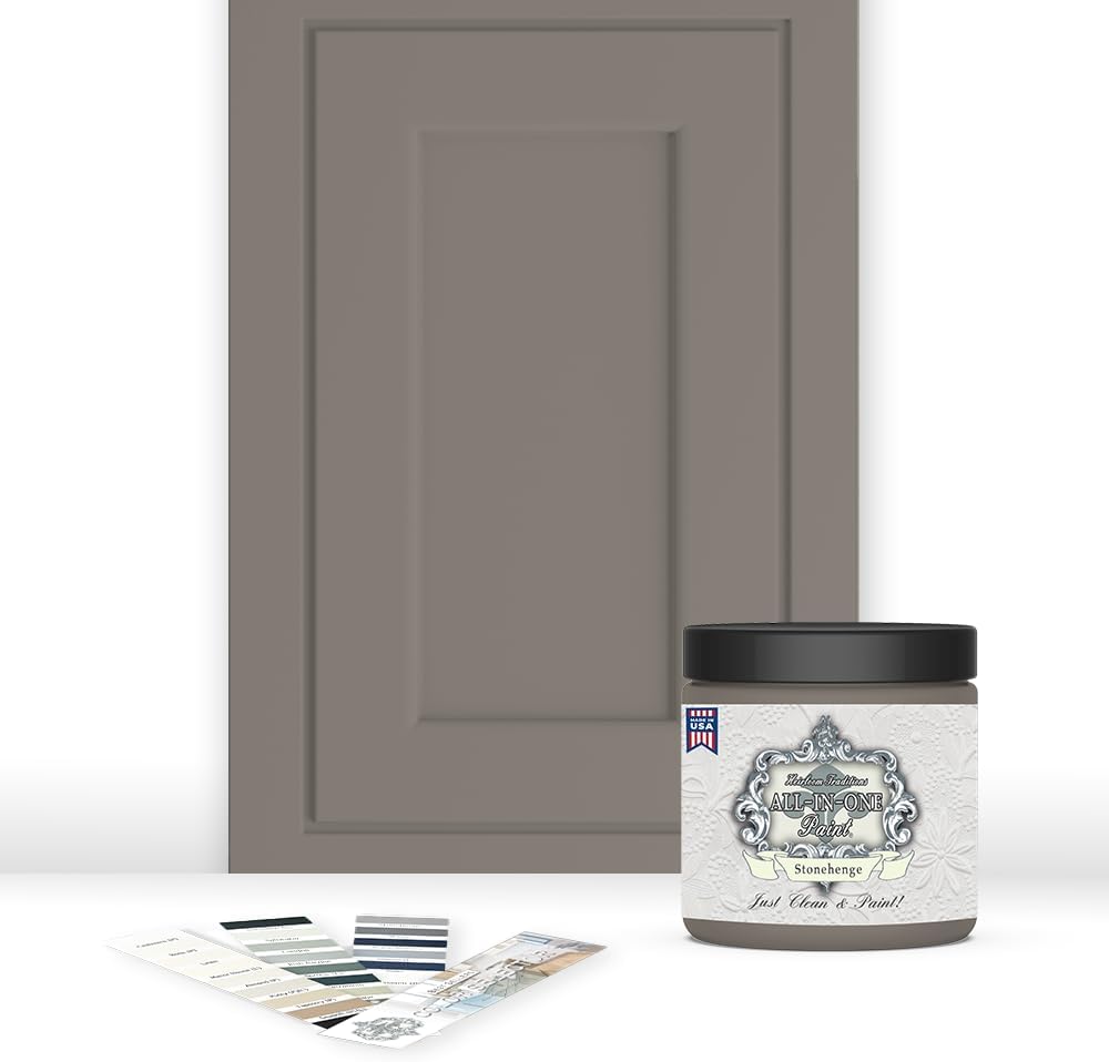 ALL-IN-ONE Paint, Durable cabinet and furniture paint. Built in primer and top coat, no sanding needed. Includes our 30 featured color card - Stonehenge (mid-tone greige), 8oz Sample
