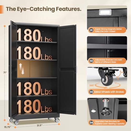 Yizosh 71" Black Metal Office Storage Cabinet, Kitchen Tool Storage Cabinet - Image 3