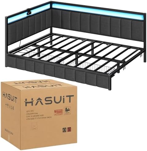 Hasuit Corner Bed Frame with Storage Drawers, Twin Daybed with Line Fabric - Image 5