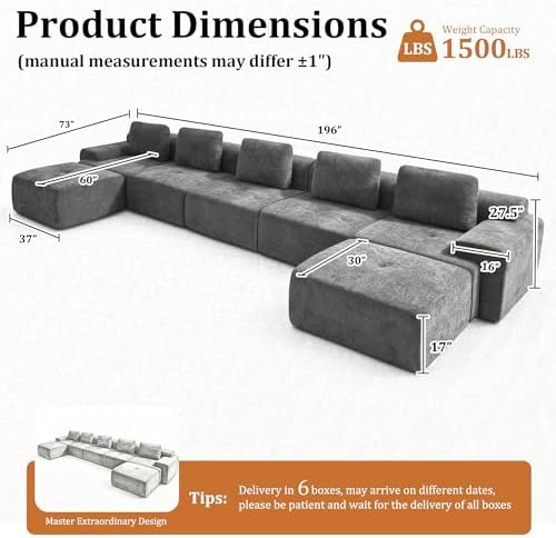 196" U Shaped Oversized Boneless Couch, Comfort Cloud Sectional Couches - Image 2