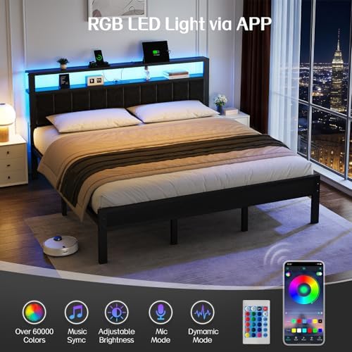 OLEVS King Bed Frame with Charging Station & LED Lights Modern Platform Bed - Image 5