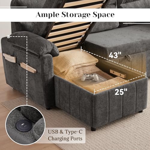 Tbfit 80" Pull Out Sofa Bed, 3 in 1 Sleeper Sofa Couch, Dark Gray - Image 2