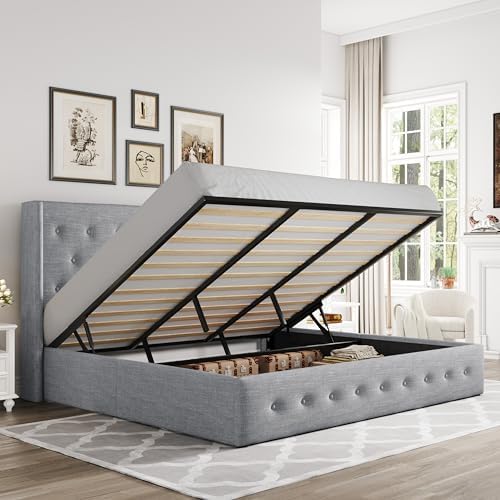 Allewie King Size Lift Up Storage Button-Tufted Bed Frame Light Grey by Allewie