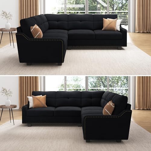 HONBAY Convertible Sectional Sofa L Shaped Couch, Velvet Black - Image 3