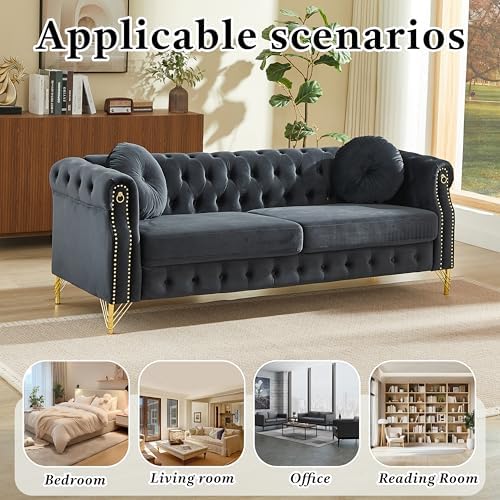 82" 3-Seater Black Velvet Chesterfield Sofa - Image 7