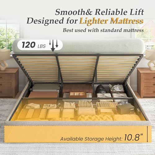 Lifezone King Size Lift Up Storage Bed Frame, Linen Upholstered King Platform - Image 5