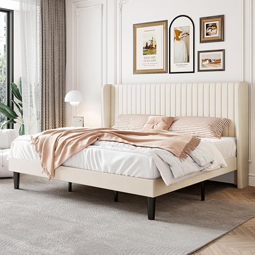 SHA CERLIN King Size Velvet Bed Frame, Tufted Wingback Headboard by SHACERLIN