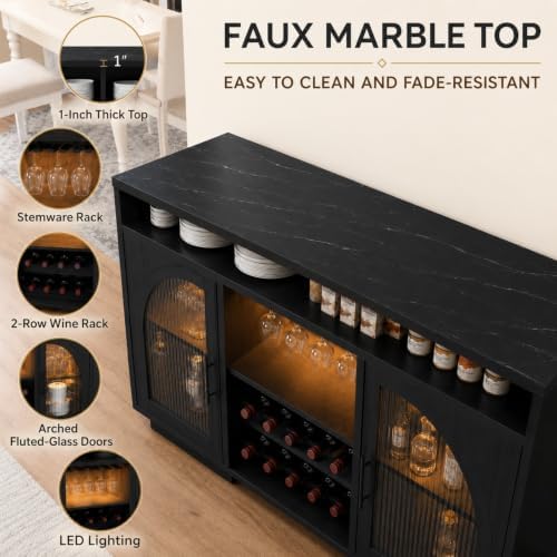 54" Coffee Bar Cabinet with Storage, LED Lights and Arched Glass Doors - Image 6