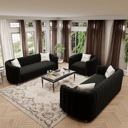 3-Piece Black Velvet Tufted Sofa Set - Image 3