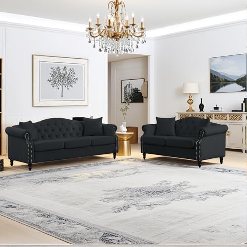 2 Piece Black Velvet 79" 3-Seater and 57" Loveseat Sofa Sets, Chesterfield by amervanito