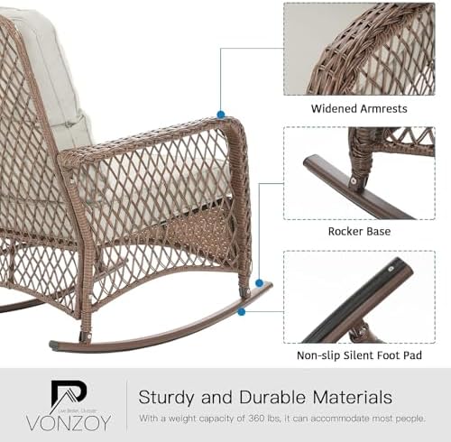 Patio Furniture Set 3 Pieces, Wicker Outdoor Rocking Bistro Set, Pale White - Image 5